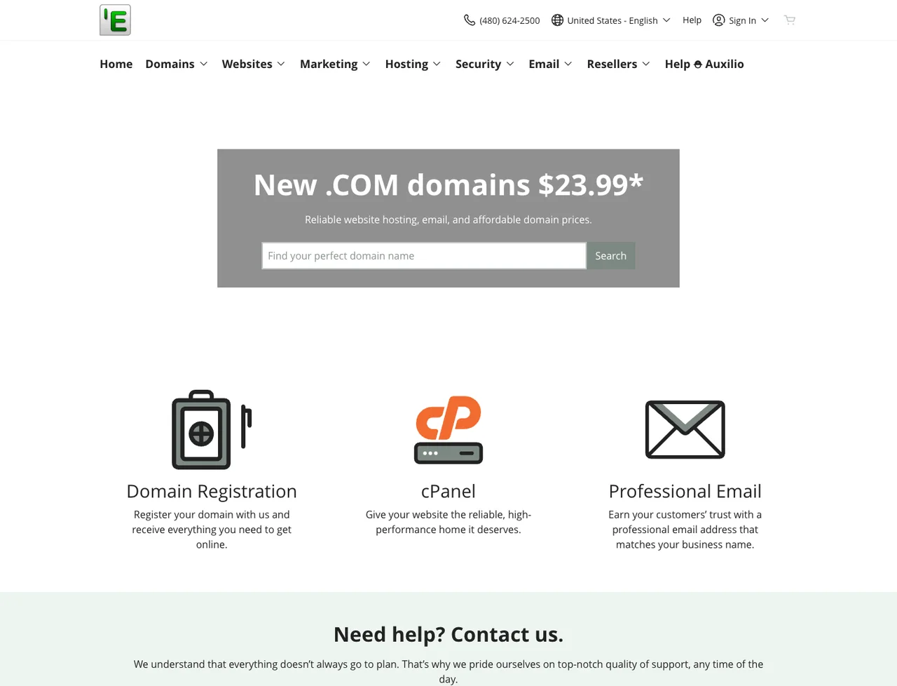 A live white-label storefront from the 1example.com network, selling domains, hosting, and email under its own brand