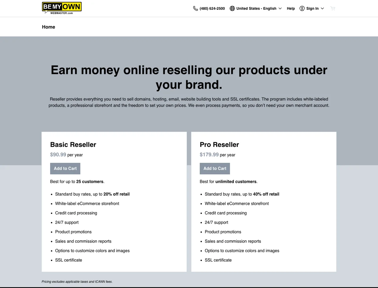 A live white-label storefront carrying the Be My Own Webmaster logo, with Basic and Pro reseller plans and its own checkout